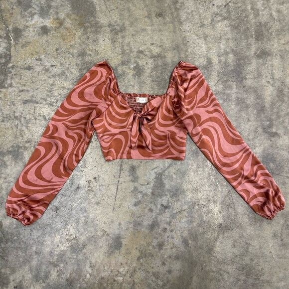 Altar’d State marble swirl satin tie front long sleeve top - Picture 1 of 6